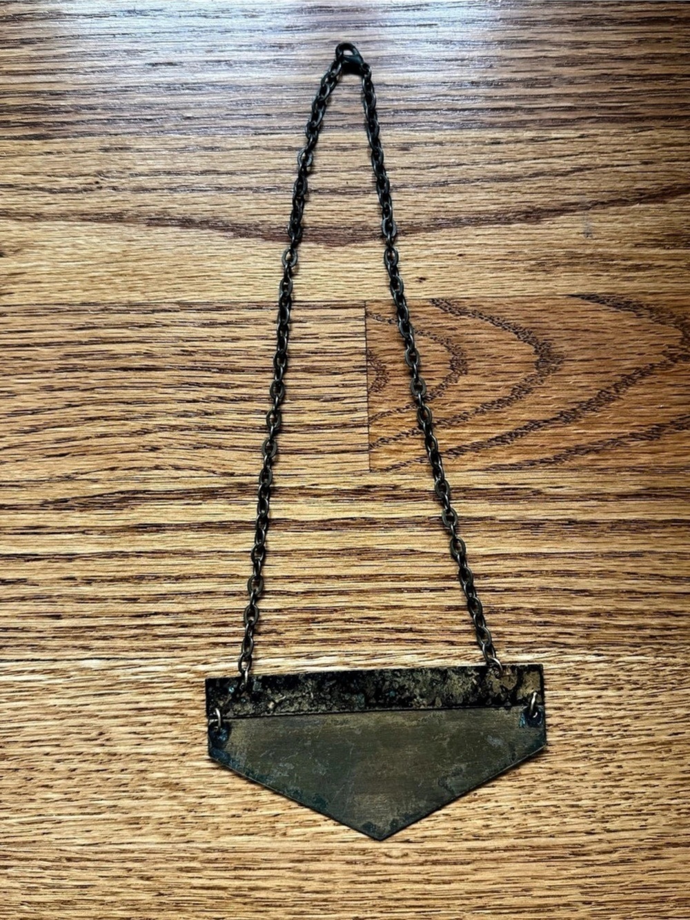 Geometric Brass Pendant Necklace in Gold with Patina, handmade, one of a kind - Picture 4 of 5